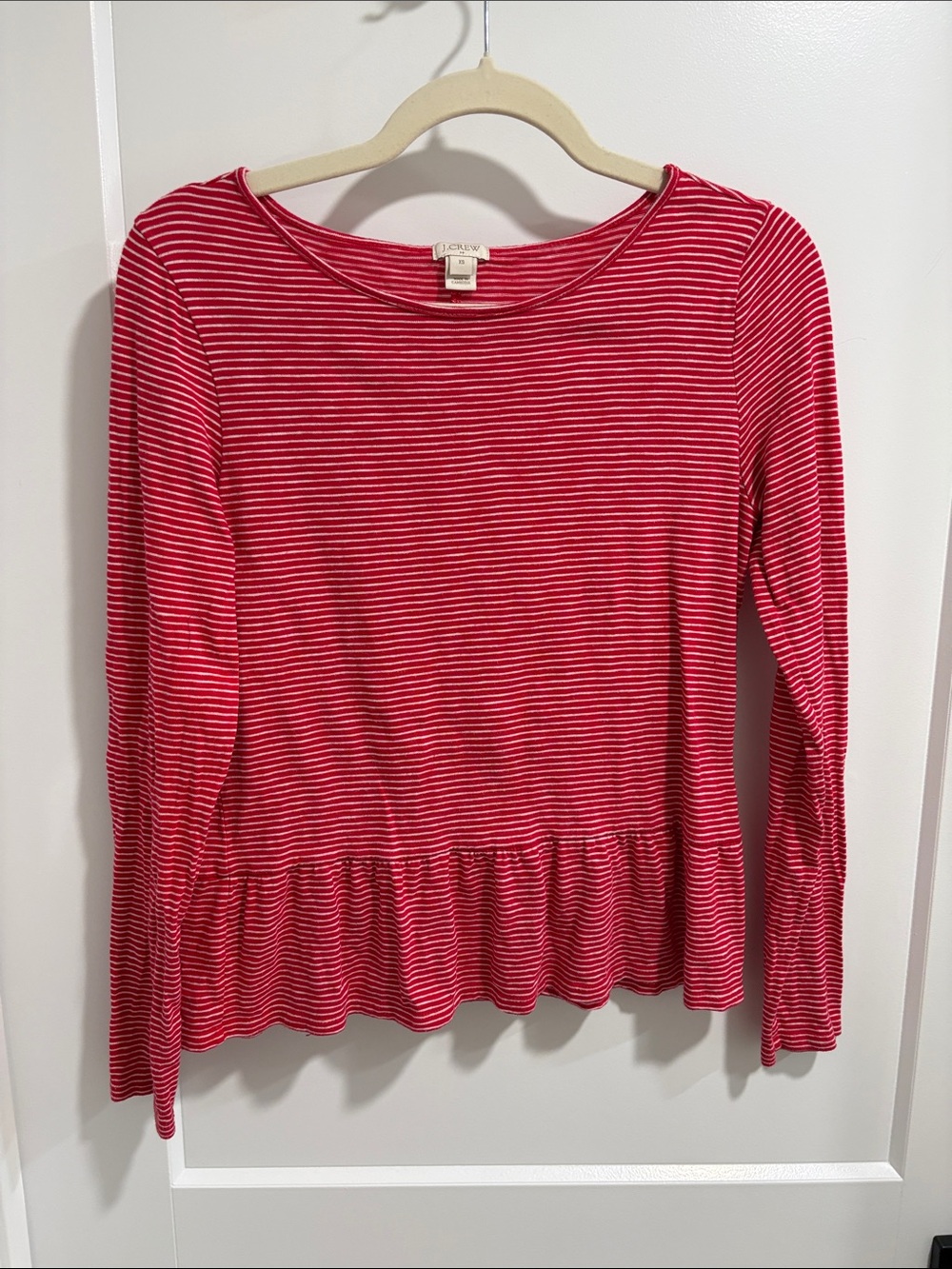 J. Crew Red and White Striped Long-Sleeve Peplum Tee